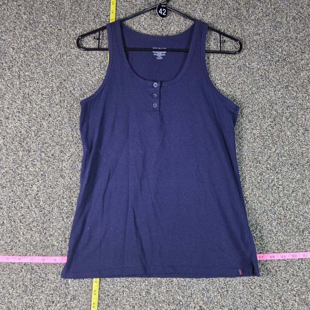 Tommy Hilfiger Tank Top Women Large Navy Blue Henley Ribbed Sleeveless Shirt